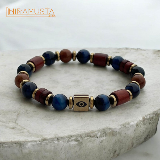 Her Şeyi Gören Göz Lacivert Kaplangözü Sandal Ağacı ve Hematit Doğaltaş Bileklik