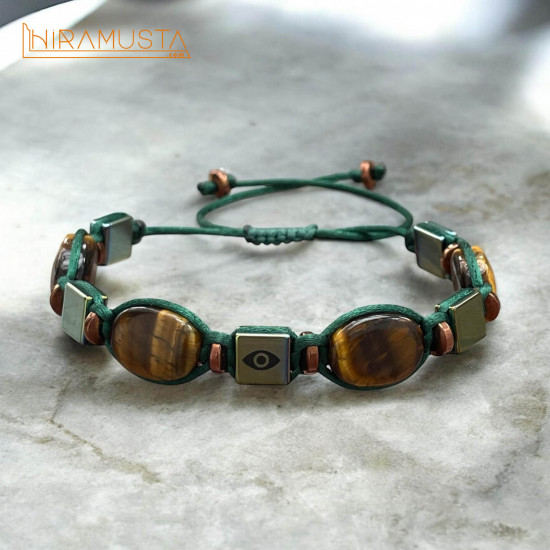 Her Şeyi Gören Göz Özel Kesim Kaplangözü ve Hematit Doğaltaş Bileklik Yeşil İp