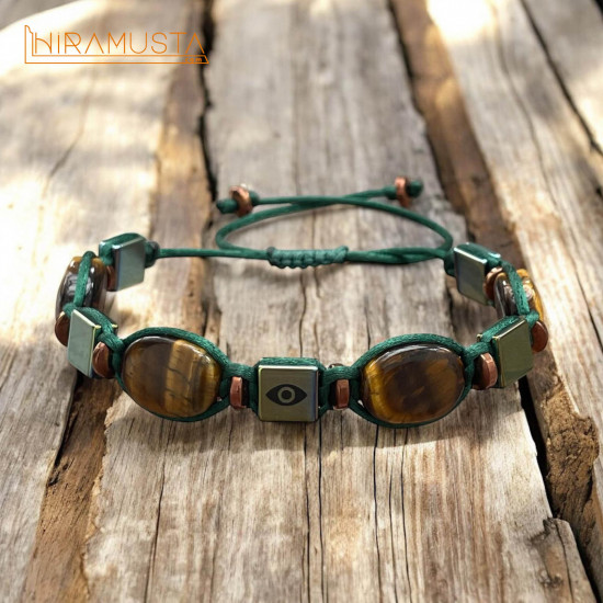 Her Şeyi Gören Göz Özel Kesim Kaplangözü ve Hematit Doğaltaş Bileklik Yeşil İp