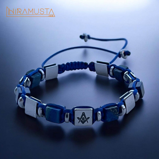 Gönye Pergel Özel Kesim Lapis Lazuli  ve Hematit Doğaltaş Bileklik