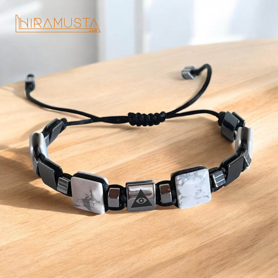 Her Şeyi Gören Göz - Hematit ve Özel Kesim Havlit Doğaltaş Bileklik